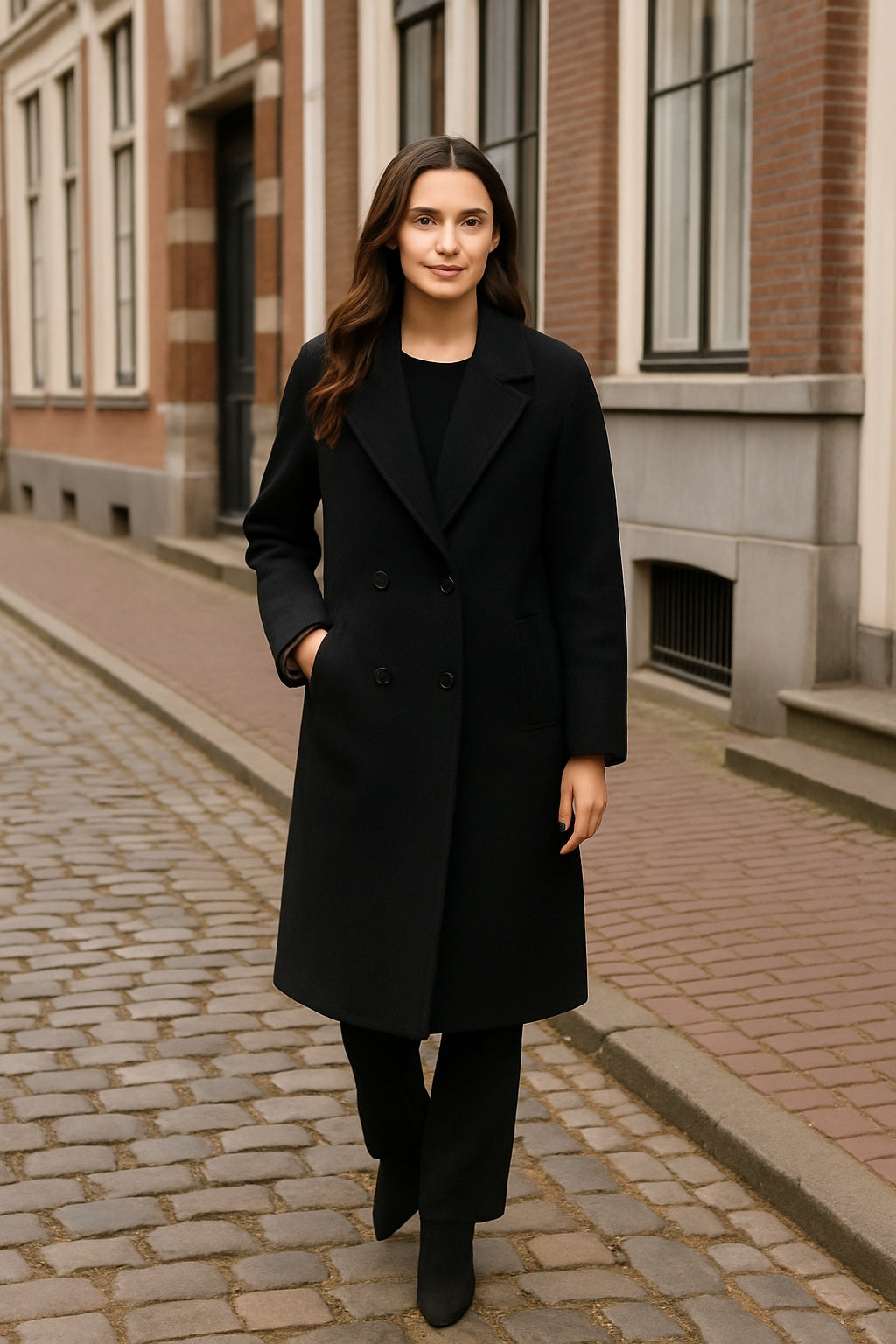 Ava - Lange Dames Jas met Dubbele Rij Knopen