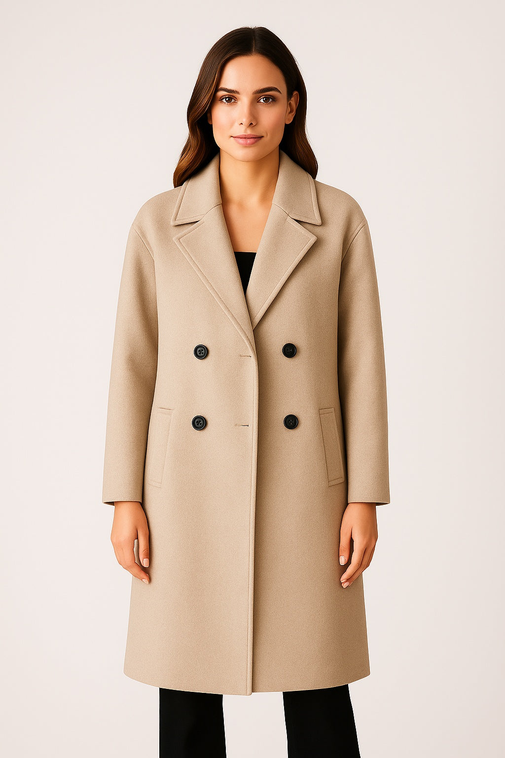 Ava - Lange Dames Jas met Dubbele Rij Knopen